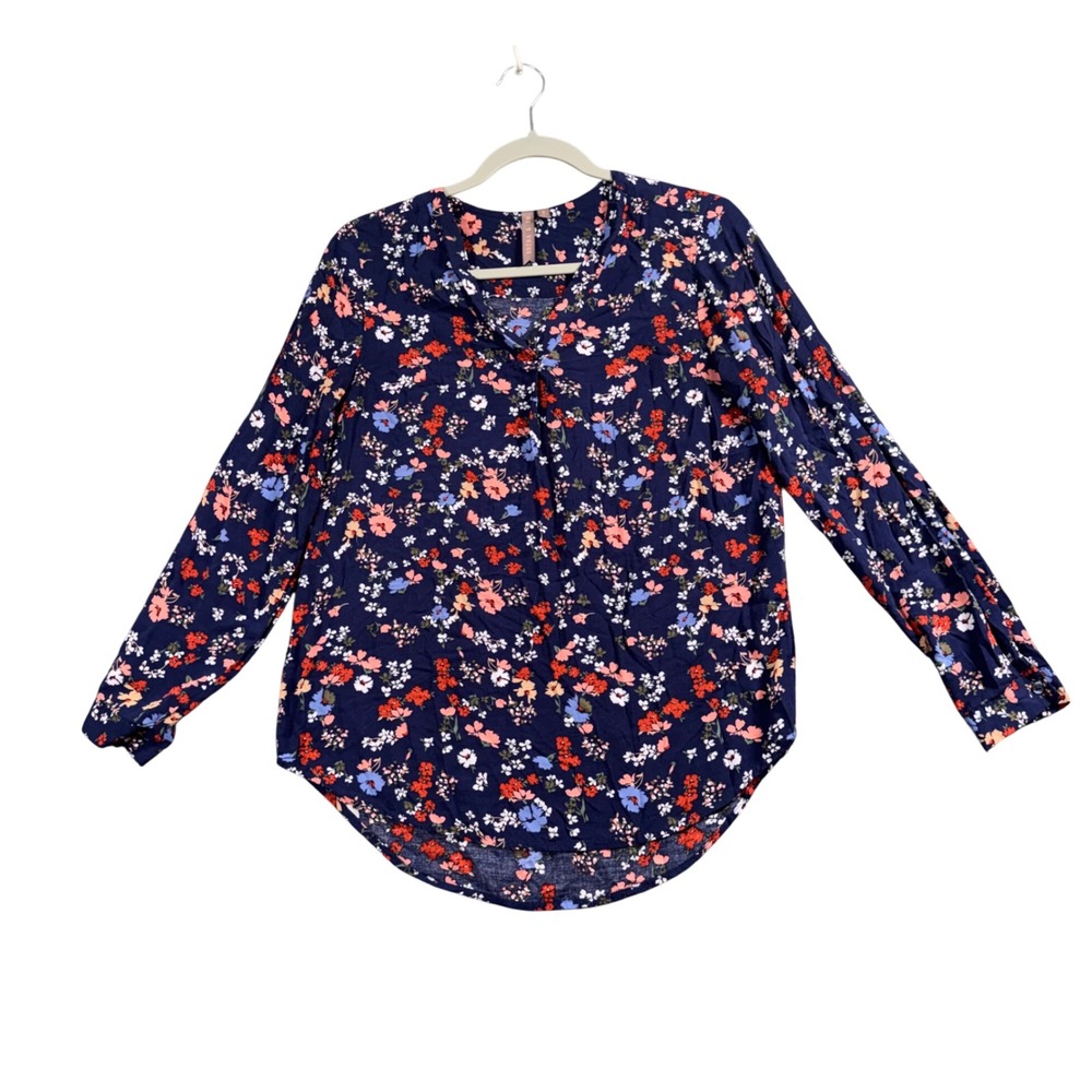 Floral Boho Blouse Womens S Navy Long‎ Sleeve Cottagecore Casual Top